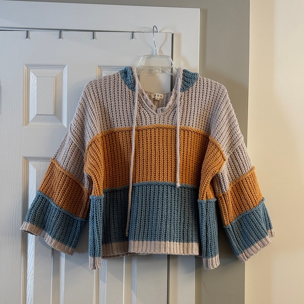POL Colorblock Cowl Neck Sweater in Blue, Orange, and Cream
